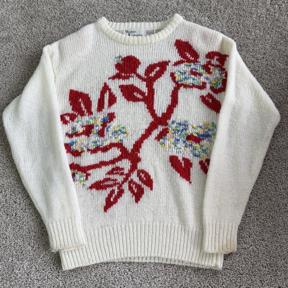 Vintage Western Connection Sweater Womens M White Floral Knit Crew Neck Pullover